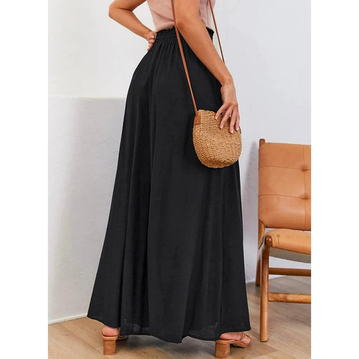 SOMER Pants for Women Flowy Dressy Casual Elastic High Waist Wide Leg Palazzo Pants with Pocket