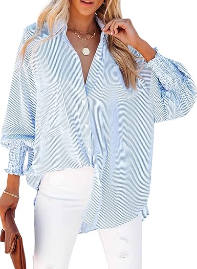 SOMER Womens Smocked Cuffed Striped Boyfriend Shirt Casual Collar Long Sleeve Button Down Blouse Tops with Pocket Shirred