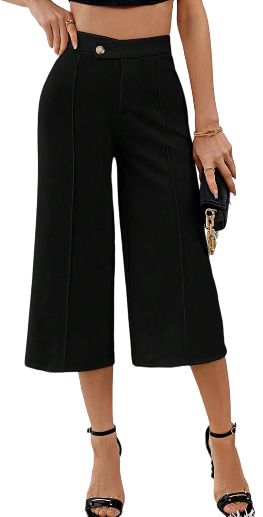 SOMER Capri Pants for Women, Wide Leg Pants Woman, Loose Fit, Black, Solid Color with Buckle, Casual Comfortable