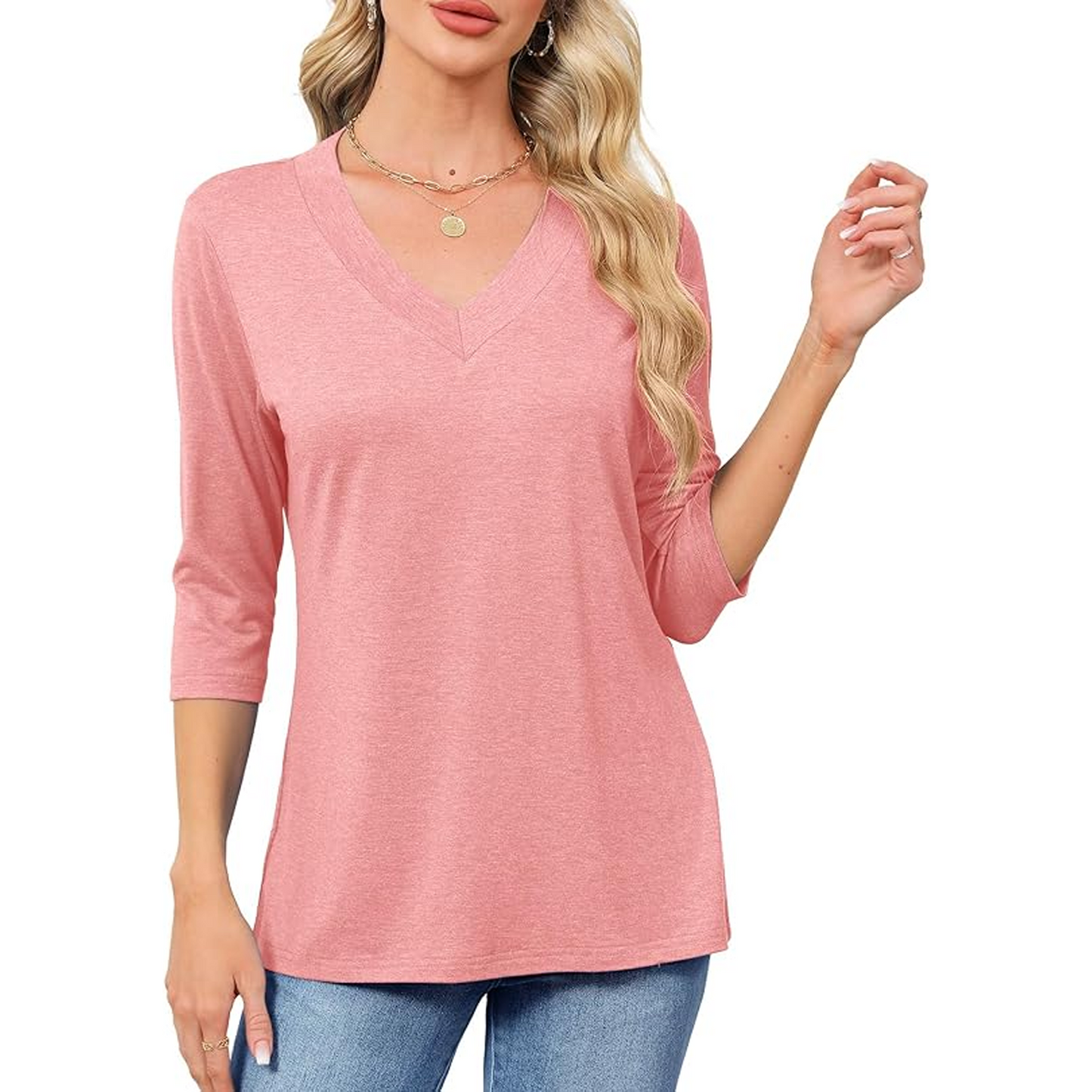 SOMER Womens Summer Tops 3/4 Sleeve V Neck Casual Loose Fit Tunic Shirts for Vacation,Pink