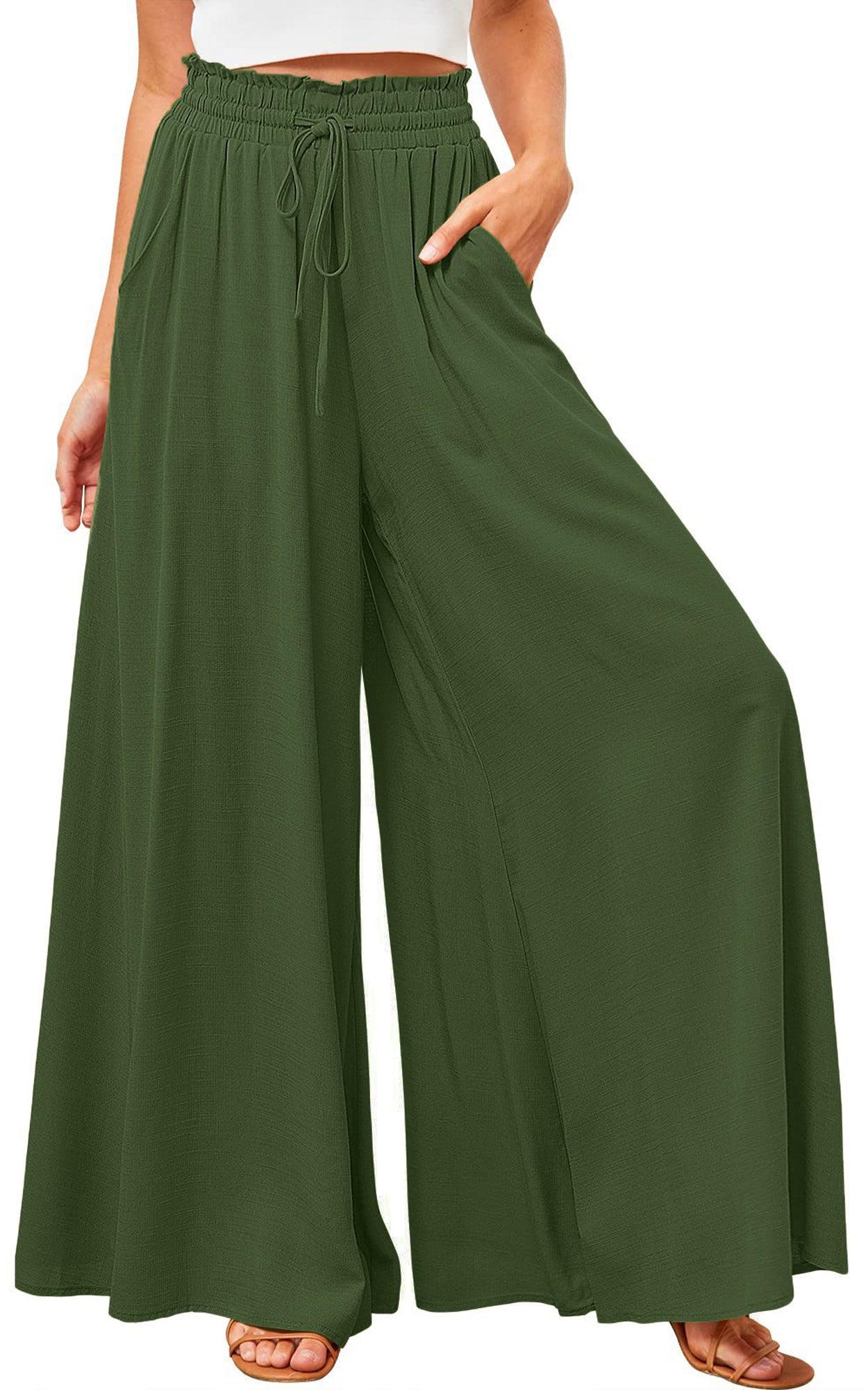 SOMER Pants for Women Flowy Dressy Casual Elastic High Waist Wide Leg Palazzo Pants with Pocket