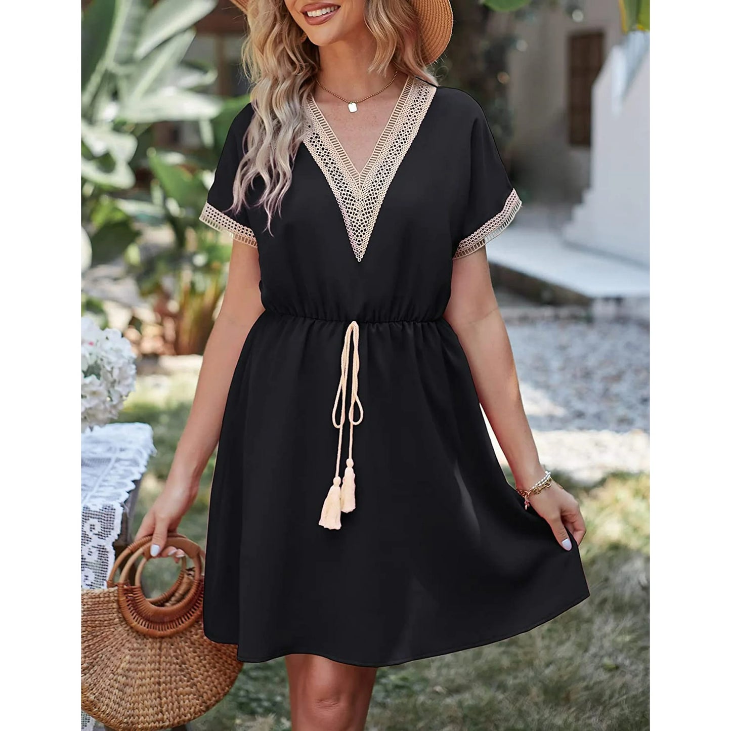 SOMER Dresses for Women Casual Wedding Guest Dress Short Sleeve V Neck Tie Front Flowy Black Maxi Cocktail Dresses for Women Summer Fall 2025