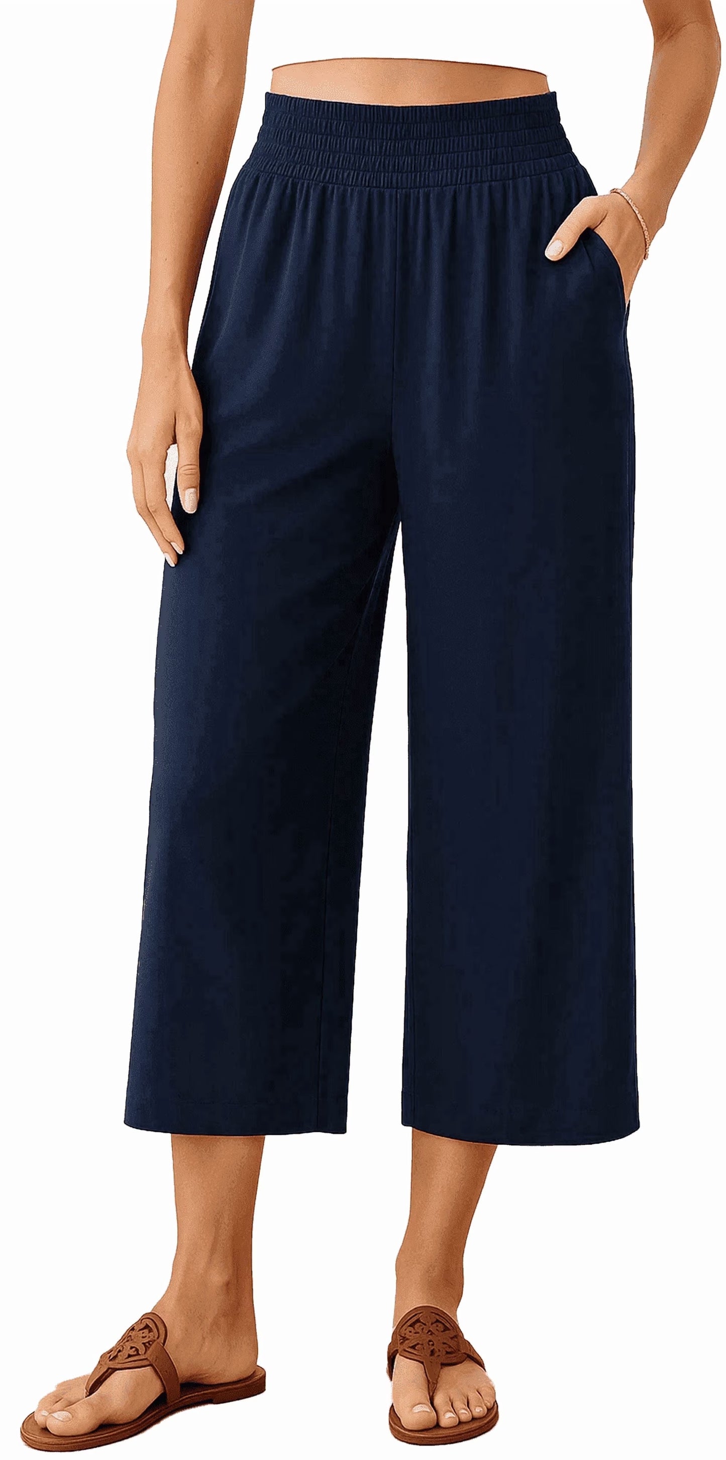 SOMER Linen Pants Women Wide Leg Cropped Capri Pants for Women with Drawstring High Waist Loose Fit Summer Beach Trousers with Pockets, Apricot
