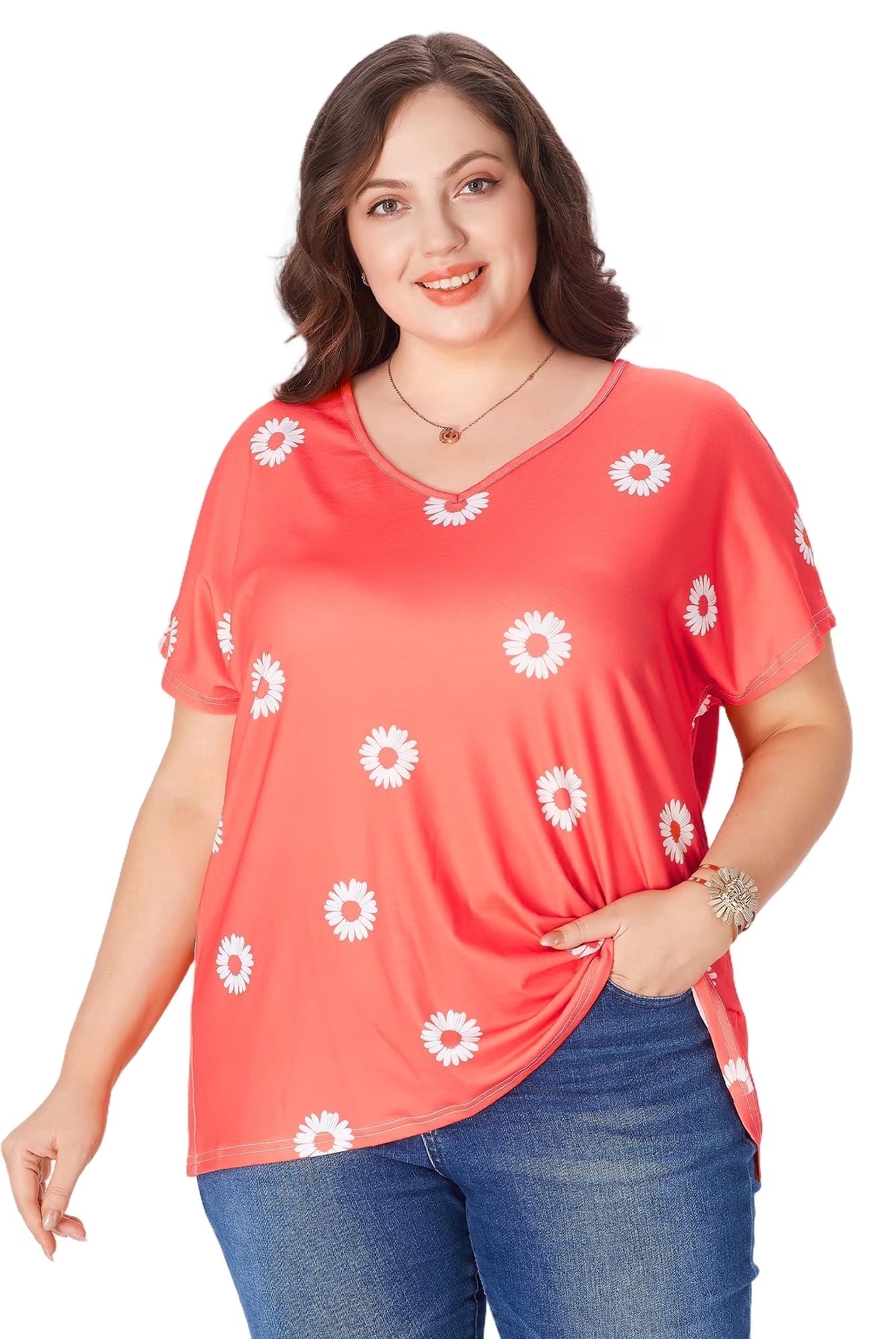 SOMER Women's Plus Size Tops Flower Printed V Neck Short Sleeve Casual Tops