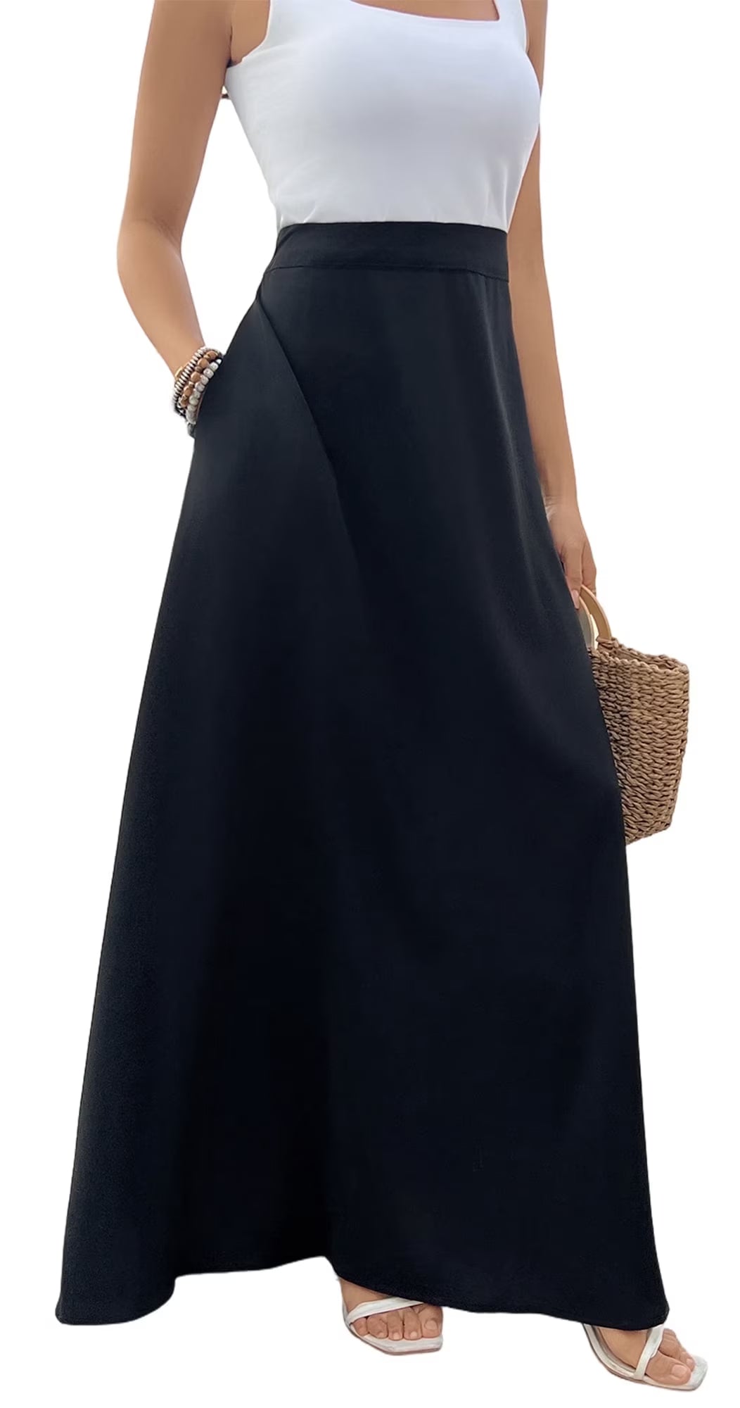 SOMER Womens Summer Skirt Floral Print Boho Maxi Skirt Elastic High Waist Pleated Ruffle Flowy Long Skirts S