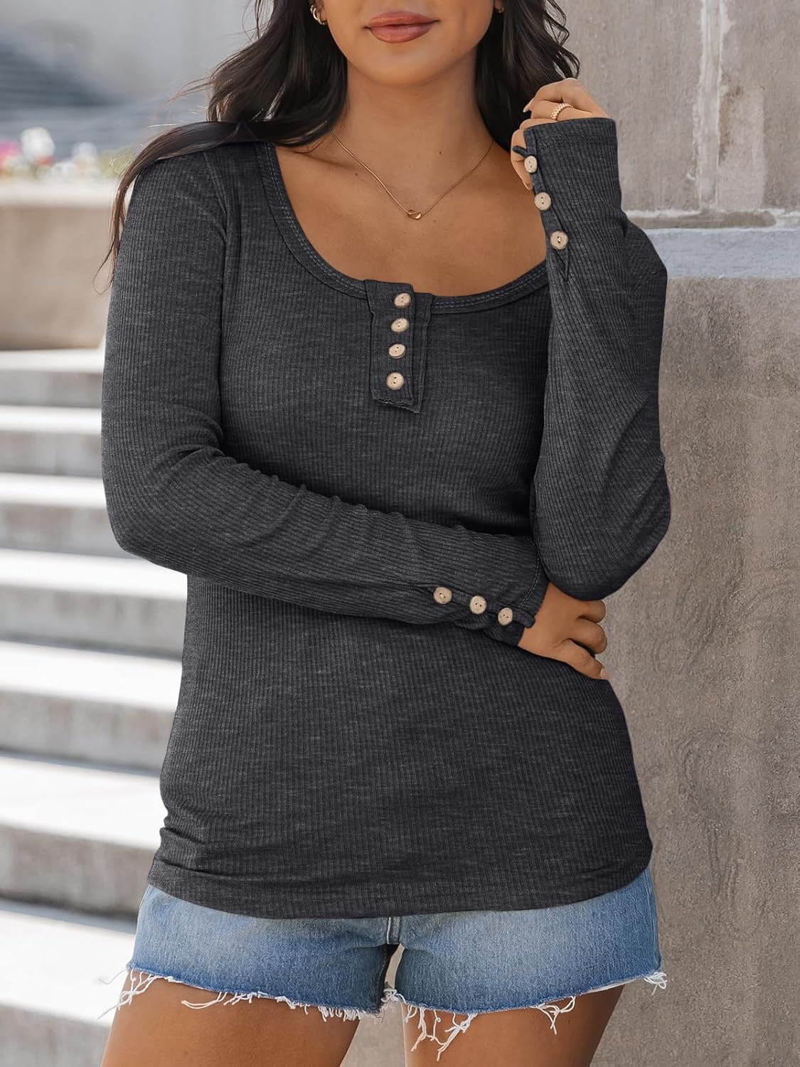SOEMR Womens Tops Long Sleeve Shirts for Women Ribbed Henley Tops Fall Outfits for Women 2025 Grey