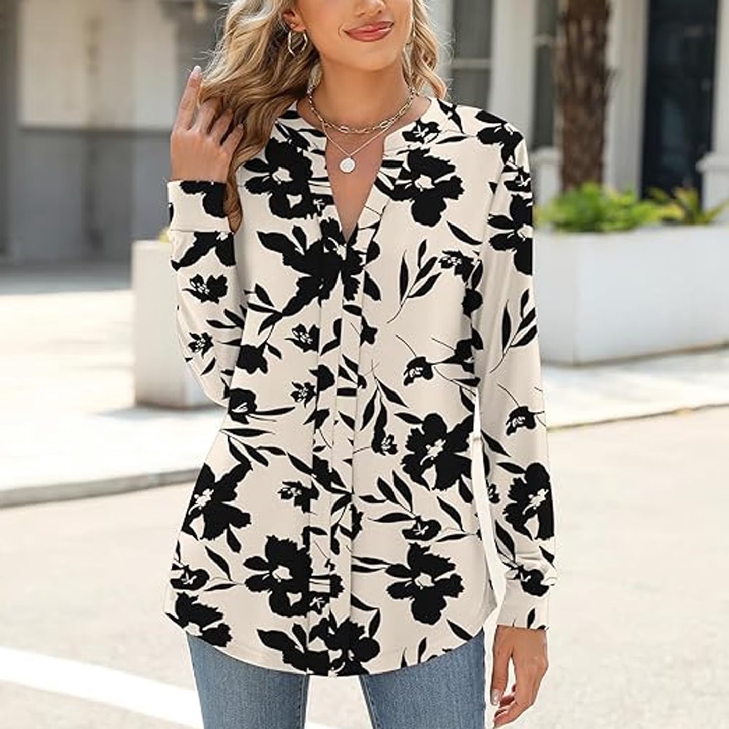 SOMER Blouses for Women Dressy Casual Long Sleeve V Neck Silky Business Casual Outfits Tops
