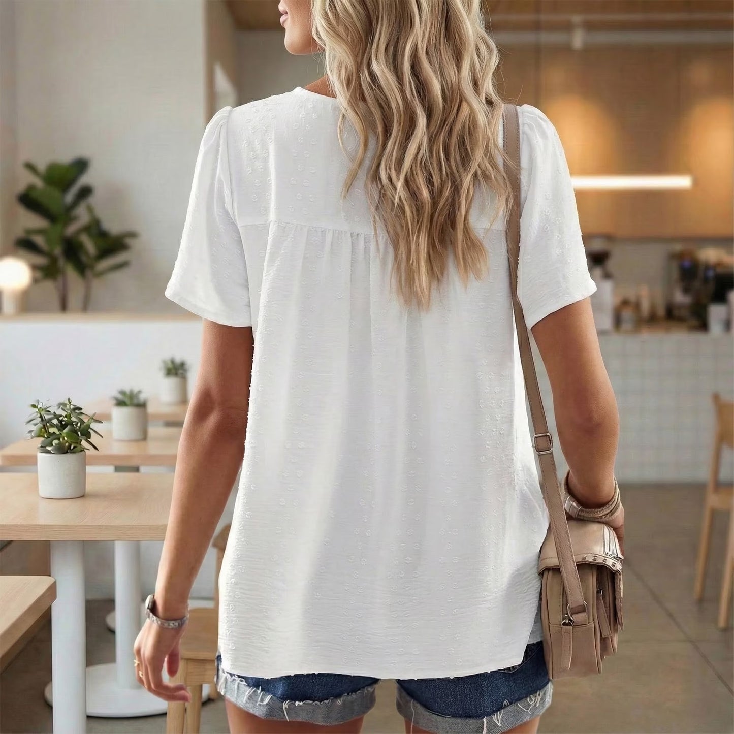 SOMER Boho Tops for Women Crewneck Short Sleeve Shirts Casual Chiffon Blouses Flowy Lace Trim Clothing Trendy 2026