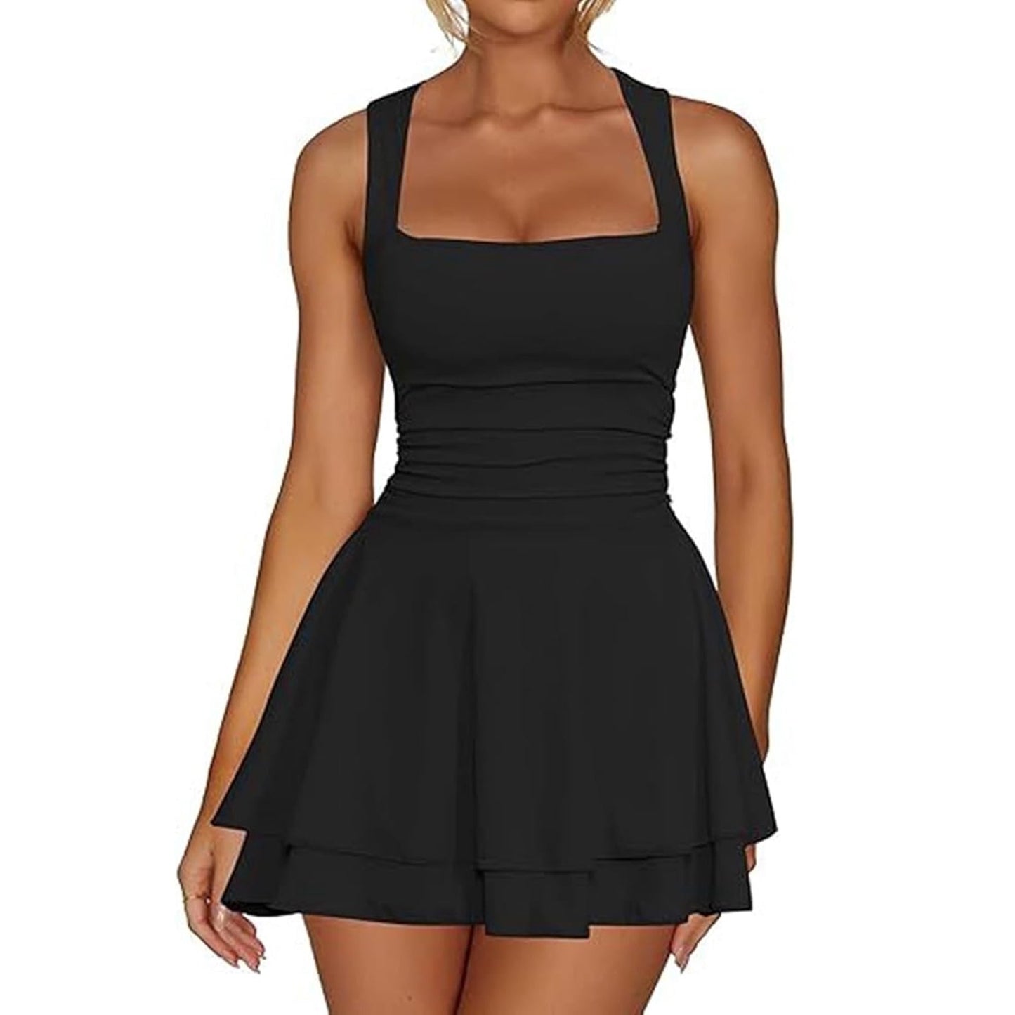 SOMER Women's Square Neck Ruffle Hem Mini Dress Ruched Waist Short Party Dresses