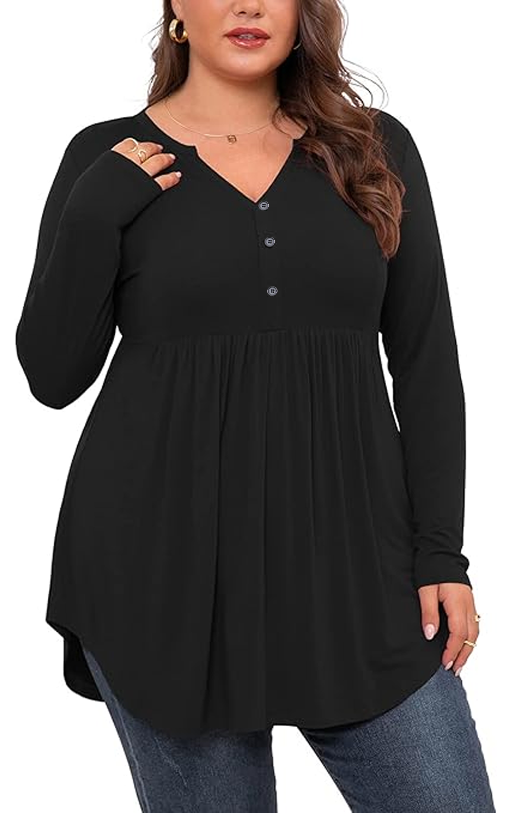 SOMER Plus Size Tops Women Blouses Shirts V Neck Button Tunic Tops Casual Long Sleeve Swing Flowy Blouse