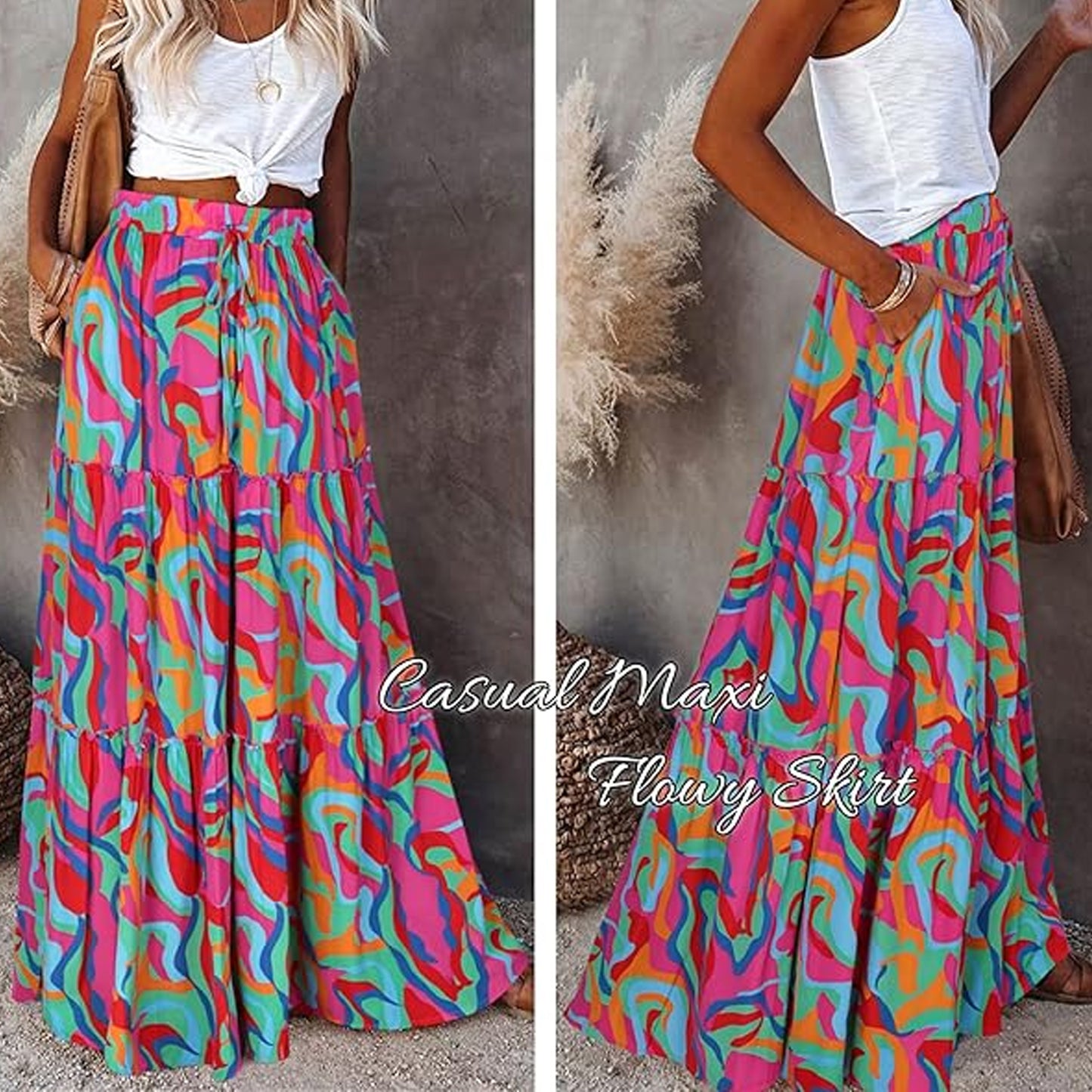SOMER Skirts For Women Casual High Waist Tie Paisley Print Long Maxi Skirt With Pockets