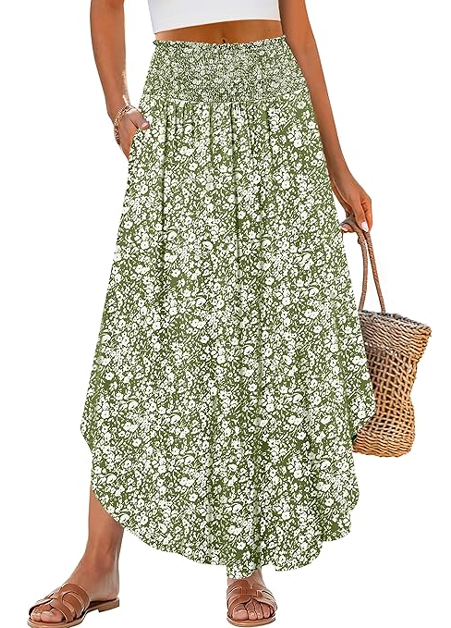 SOMER Skirts For Women Summer Boho Floral High Waisted Flowy Swing Pleated Beach Long Skirt With Pockets