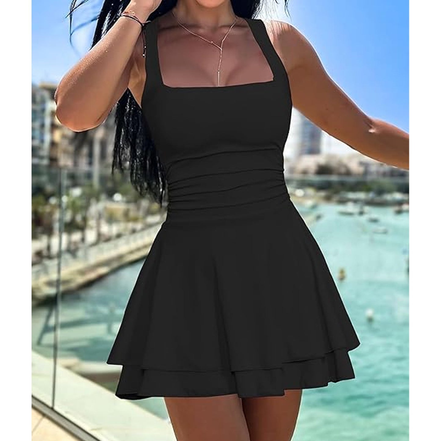 SOMER Women's Square Neck Ruffle Hem Mini Dress Ruched Waist Short Party Dresses