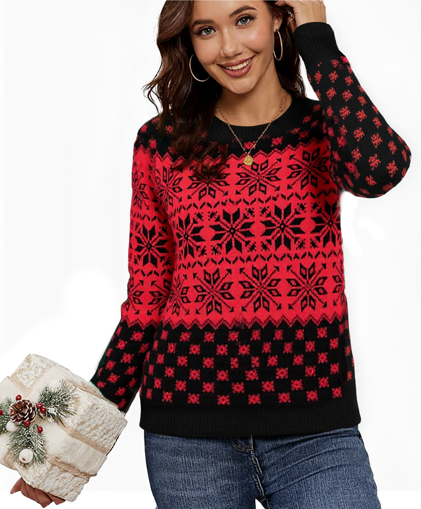 SOMER Women Christmas Sweater Warm Long Sleeve Casual Knitted Pullover Top Xmas Elk Snowflake Reindeer Sweatshirt for Holiday Party New Year