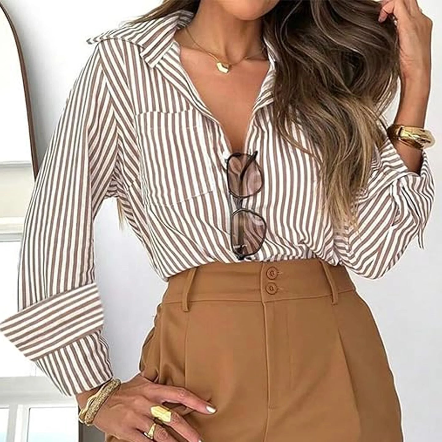SOMER Striped Button Down Shirts for Women Dress Shirts Long Sleeve Casual Collared Office Work Shirt with Pocket