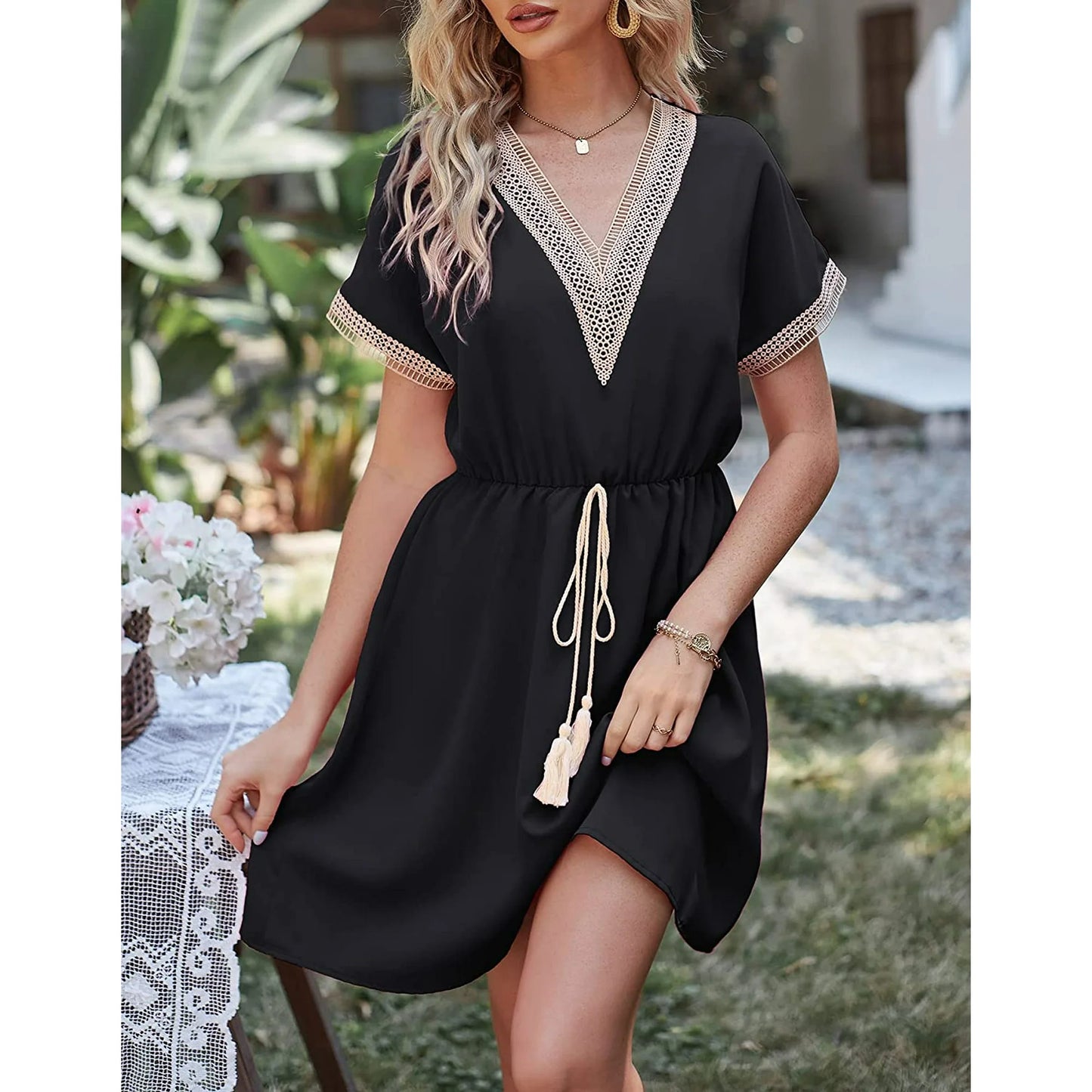 SOMER Dresses for Women Casual Wedding Guest Dress Short Sleeve V Neck Tie Front Flowy Black Maxi Cocktail Dresses for Women Summer Fall 2025