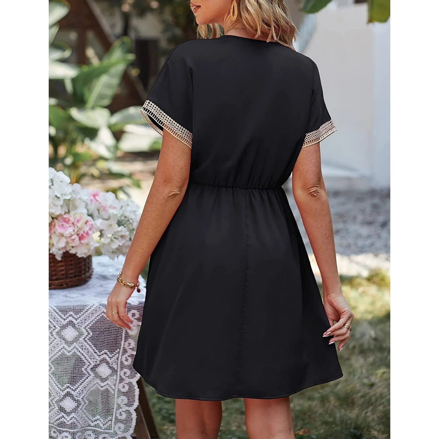 SOMER Dresses for Women Casual Wedding Guest Dress Short Sleeve V Neck Tie Front Flowy Black Maxi Cocktail Dresses for Women Summer Fall 2025