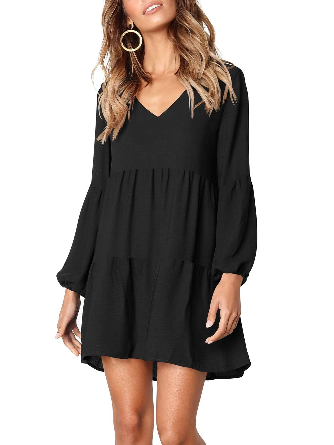SOMER Dresses for Women V Neck Mini Long Sleeve Black Fashion Casual Loose Flowing Straight Cute Short Dress with Pocket Fall 2025