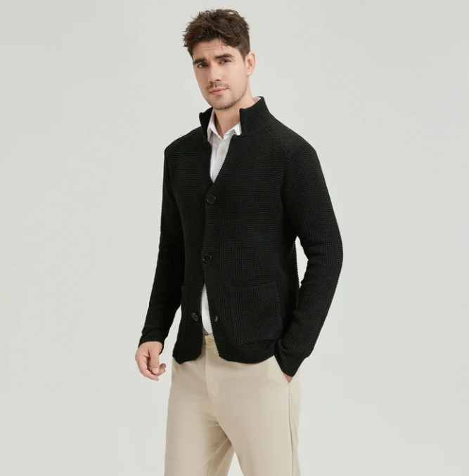 SOMER Men's Cardigan Sweater Jackets Long Sleeve Knitted Stand Collar Cable Button Loose Casual Sweaters with Pockets