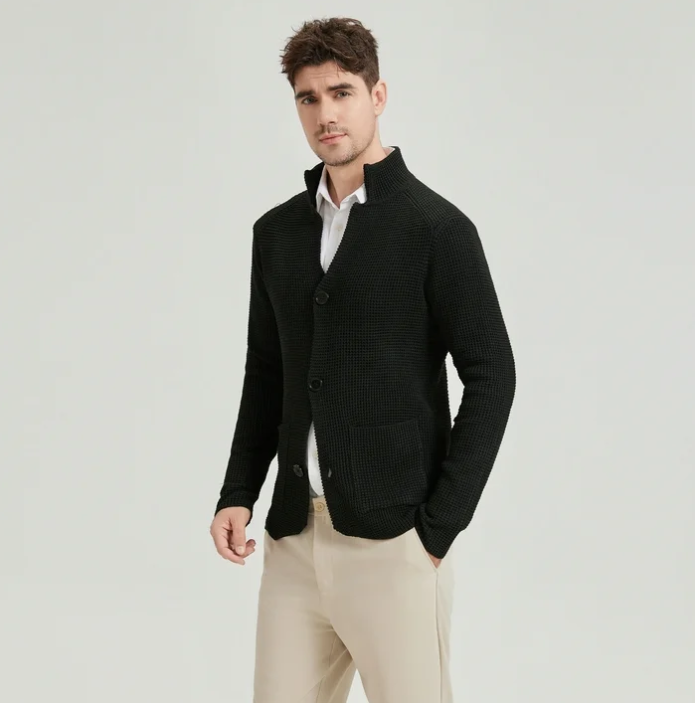 SOMER Men's Cardigan Sweater Jackets Long Sleeve Knitted Stand Collar Cable Button Loose Casual Sweaters with Pockets