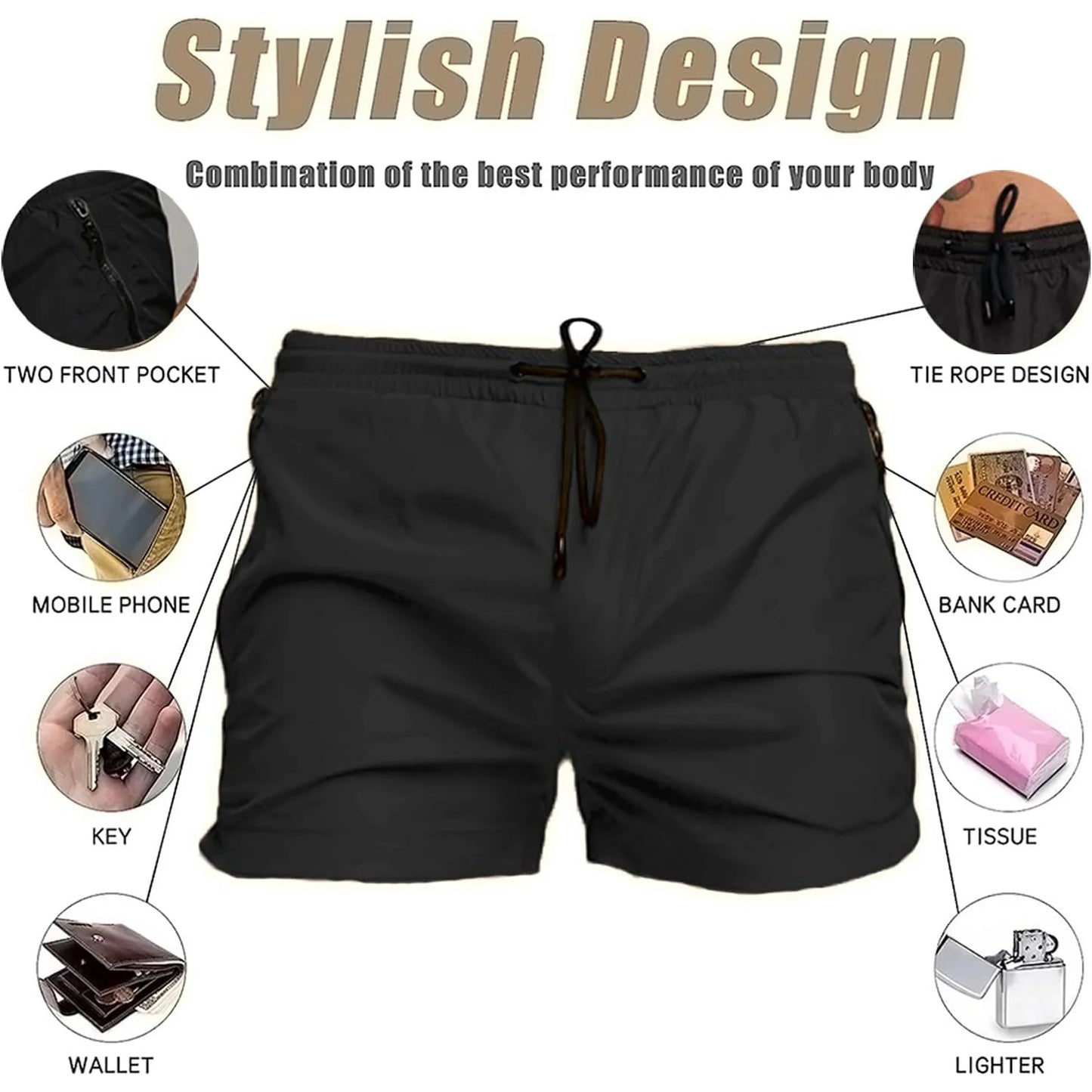 Mens Swim Trunks Quick Dry Swimwear Zipper Pockets, Swim Shorts with Mesh Lining, Black