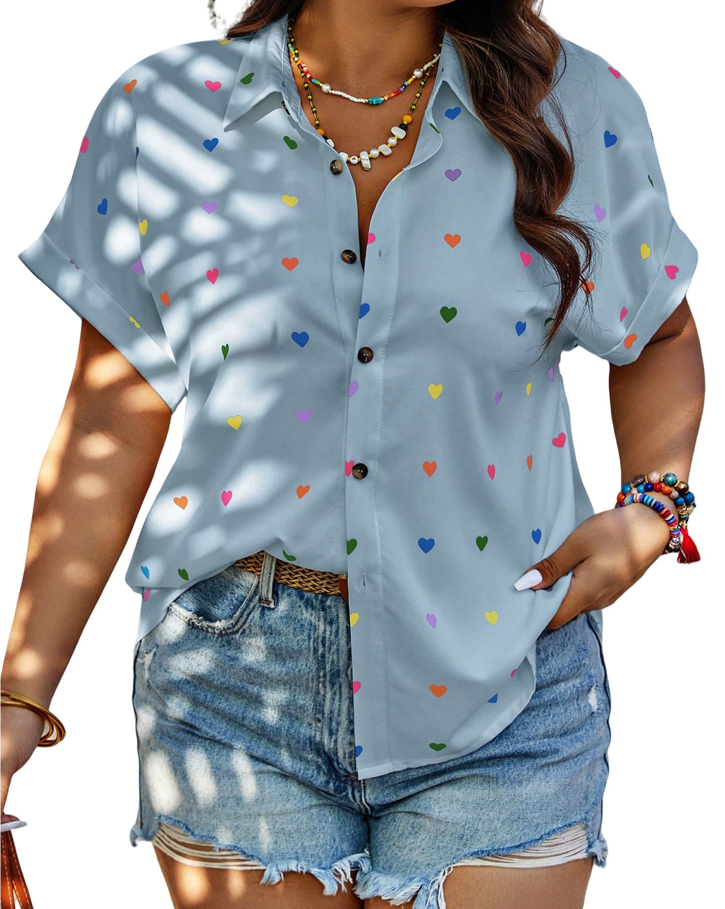 SOMER Plus Size Button Down Shirts for Women Blouses Short Sleeve V Neck Cute Heart Print Shirts Casual Summer Vacation Tops Loose Fit