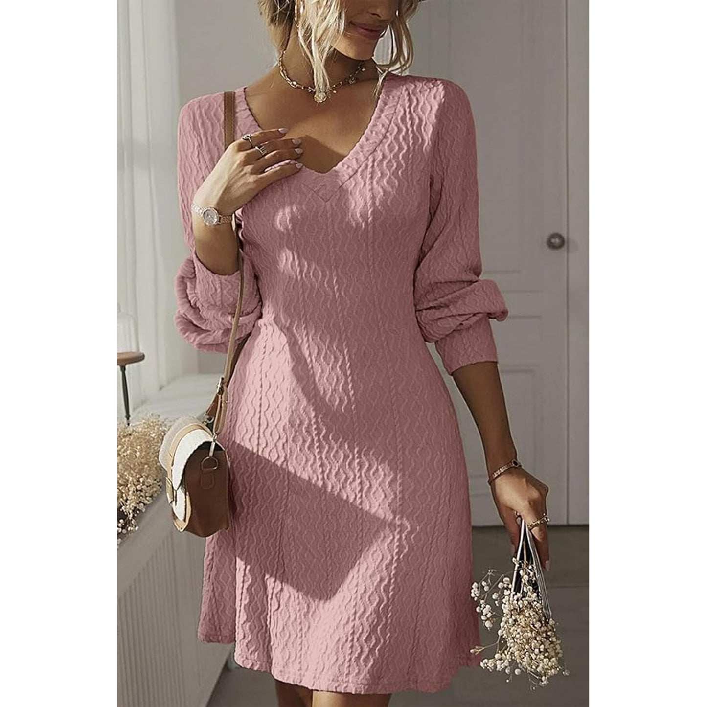 SOMER Womens Dress V-Neck Casual Dresses for Women Ripple Sweater Dress, Dresses for Women 2025 Elegant Classy Fall and Winter Long Sleeve Dress