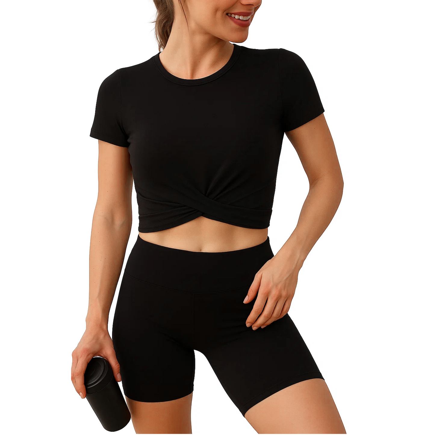 SOMER Women's Crop Tops Workout Gym Yoga Athletic Tank Tops Short Sleeve Shirt Twist Front Design Summer T-Shirt Black