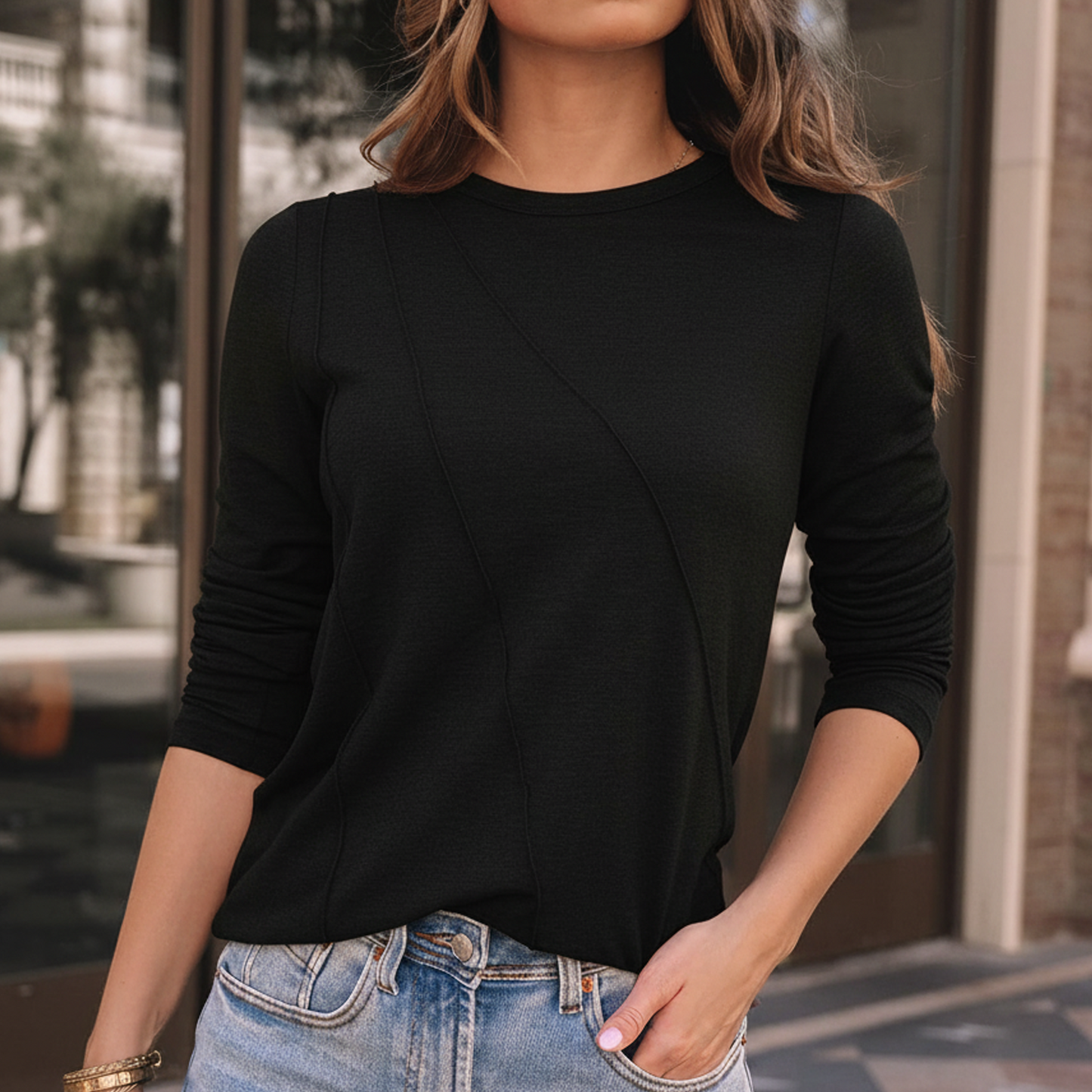 SOMER Womens Long Sleeve Crew Neck Top, Casual Solid Color Shirt with Stylish Diagonal Detail