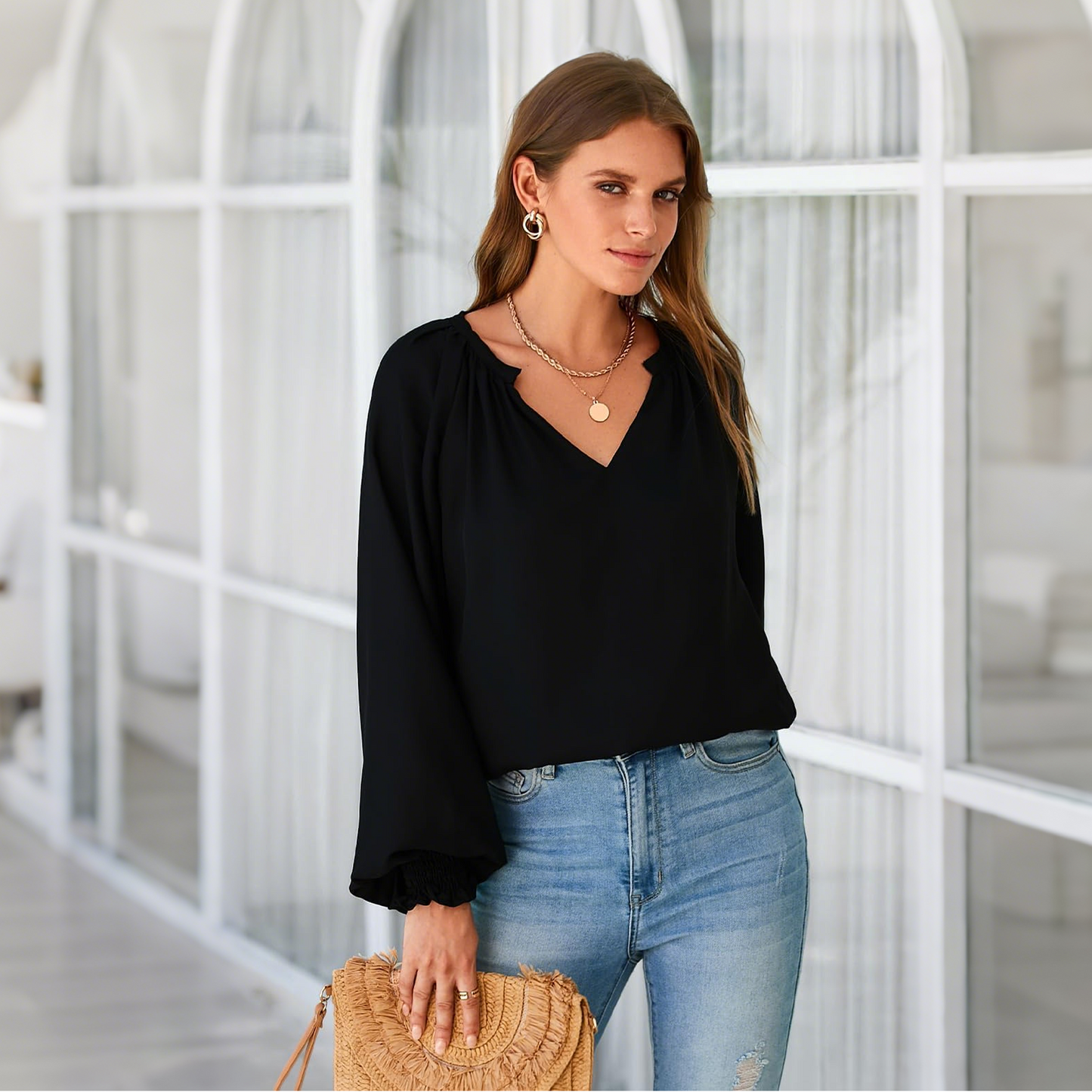 SOMER Blouses for Women Dressy Casual, Trendy V Neck Long Sleeve Shirts for Women, Elegant Casual Womens Fall Tops Pleated Cuffs 2025