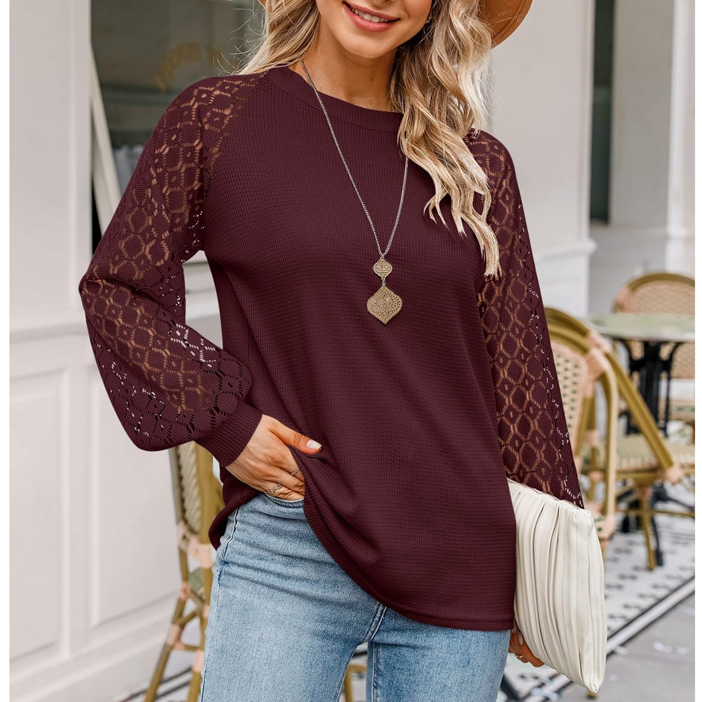 SOMER Womans Tops Fall Long Sleeve Shirts Pleated Lace Tops Casual Loose Blouses T Shirts