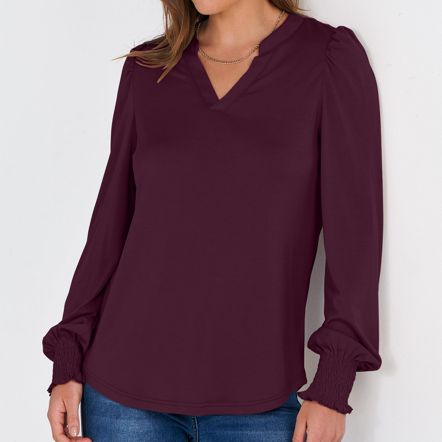 SOMER Womens Tops Fall Long Sleeve Shirts Business Casual V Neck Loose T-Shirts Dressy Work Tops with Smocked Cuffs