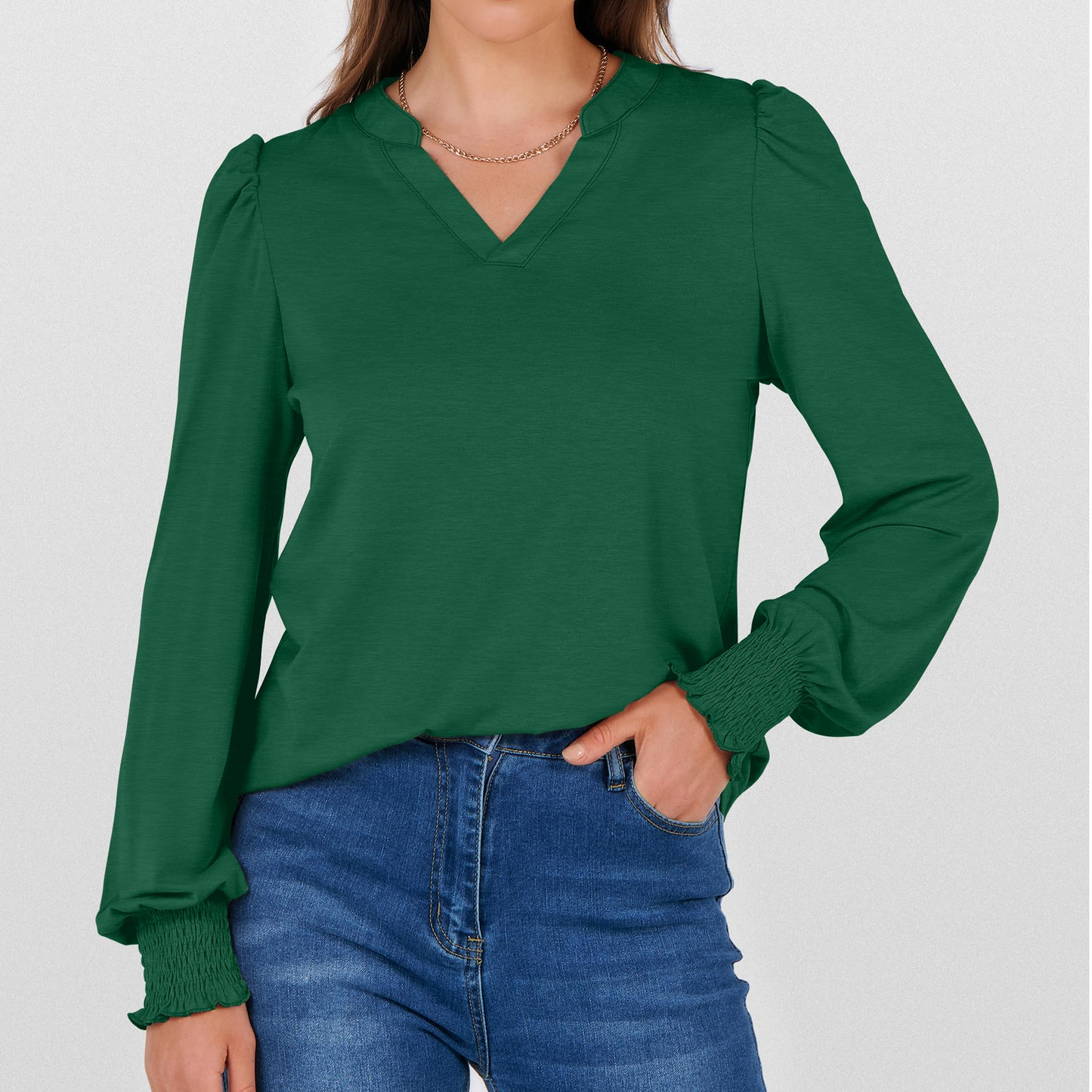 SOMER Womens Tops Fall Long Sleeve Shirts Business Casual V Neck Loose T-Shirts Dressy Work Tops with Smocked Cuffs