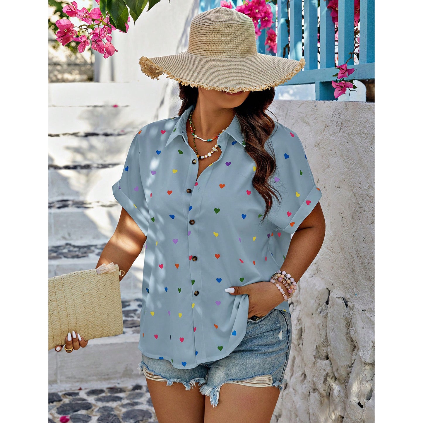 SOMER Plus Size Button Down Shirts for Women Blouses Short Sleeve V Neck Cute Heart Print Shirts Casual Summer Vacation Tops Loose Fit