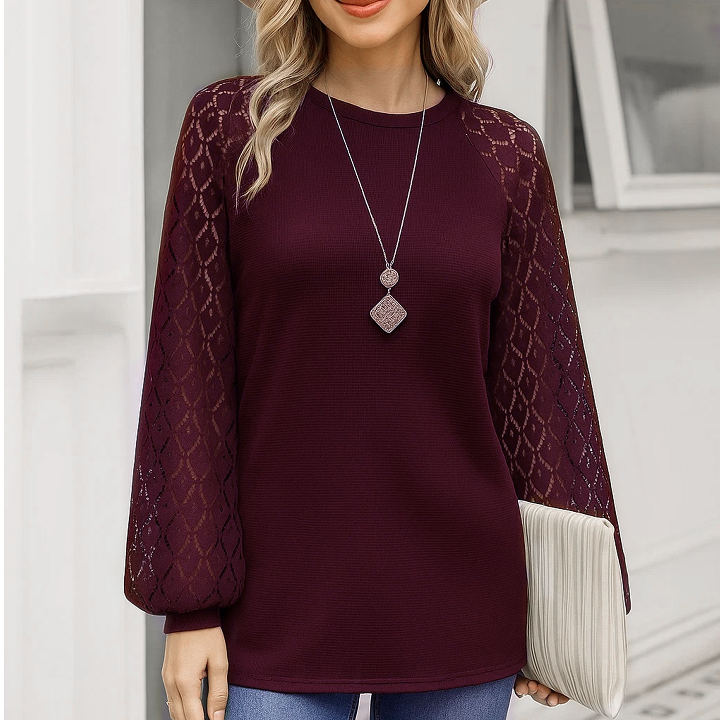 SOMER Womans Tops Fall Long Sleeve Shirts Pleated Lace Tops Casual Loose Blouses T Shirts