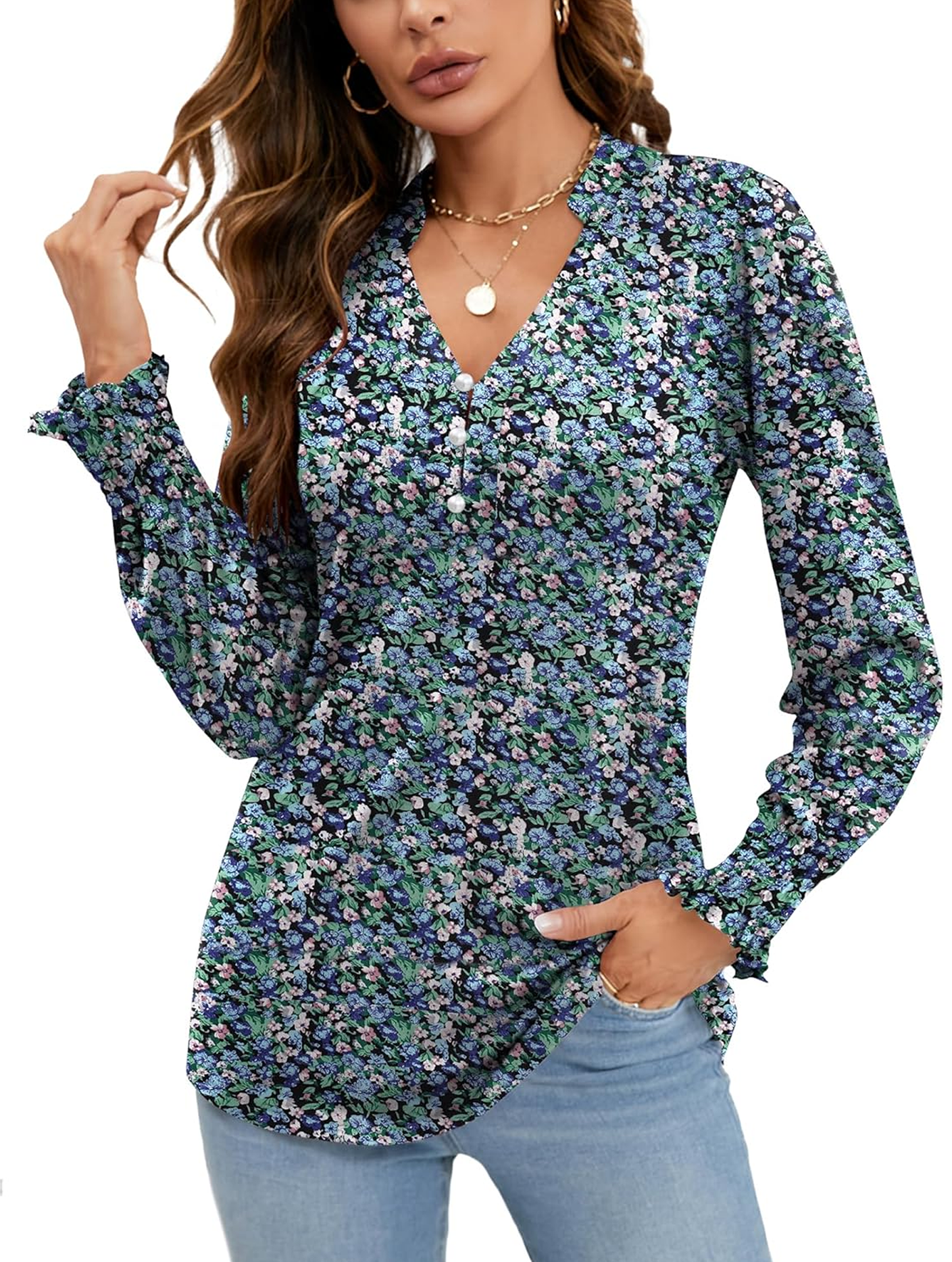 SOMER Women's V Neck Long Sleeve Shirt Blouse Dressy Tops Tunic Shirts with Ruffle Cuffs Puff Sleeve Fall Business Casual Fashion Clothes 2025