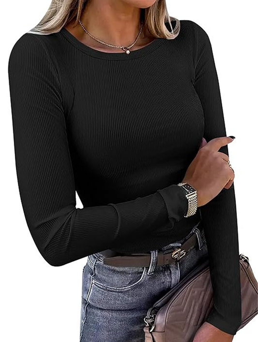 Fantaslook Fitted Long Sleeve Shirts for Women Stretch Casual Basic Tops Crewneck Ribbed Tees Shirts