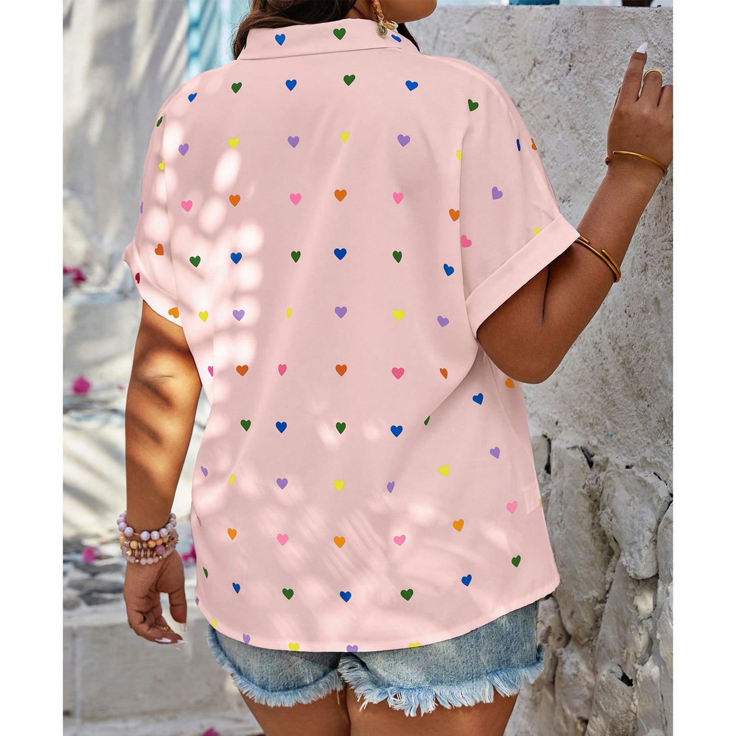 SOMER Plus Size Button Down Shirts for Women Blouses Short Sleeve V Neck Cute Heart Print Shirts Casual Summer Vacation Tops Loose Fit