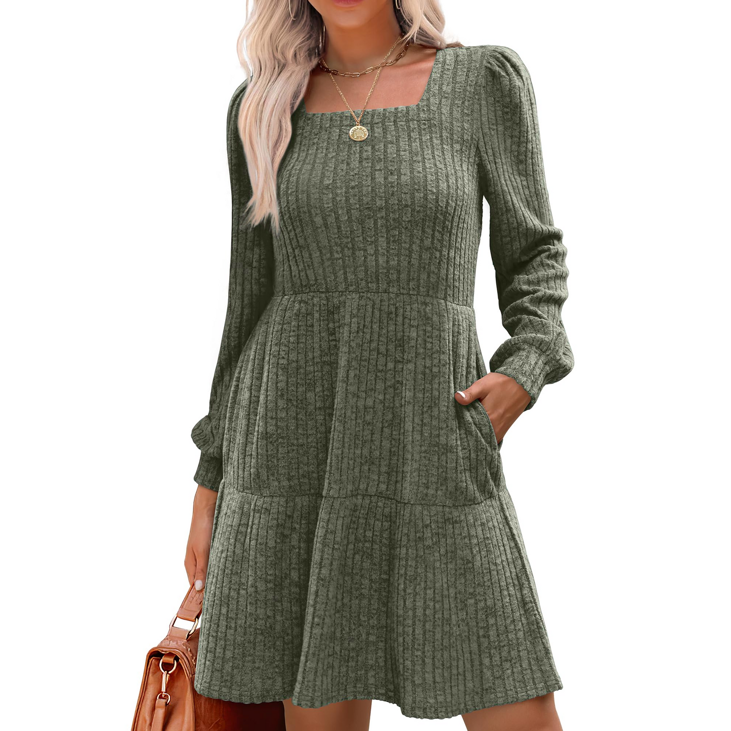 SOMER Womens Dresses Sweater Dress Long Sleeve Dress for Women Square Neck Knit Babydoll Dress with Pockets Winter Fall 2025