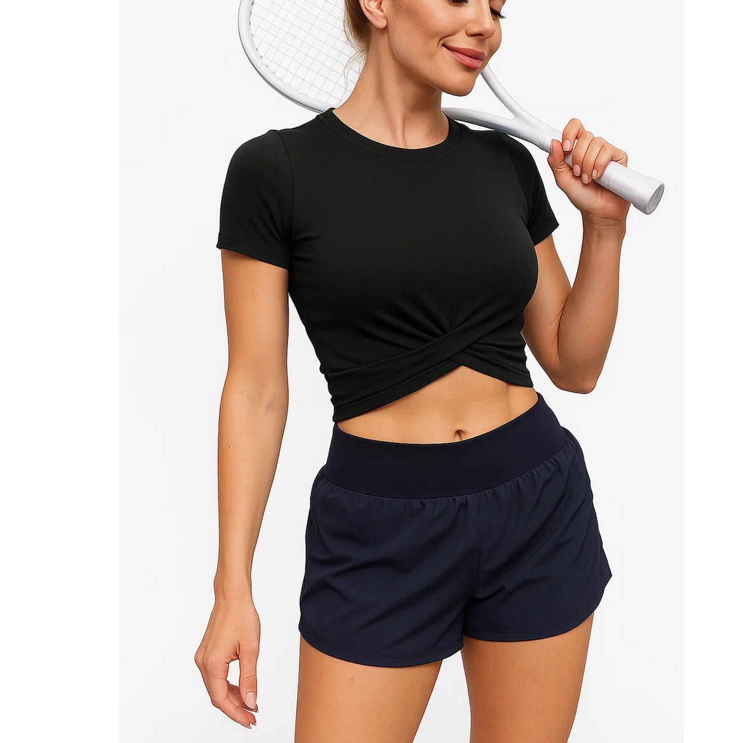 SOMER Women's Crop Tops Workout Gym Yoga Athletic Tank Tops Short Sleeve Shirt Twist Front Design Summer T-Shirt Black