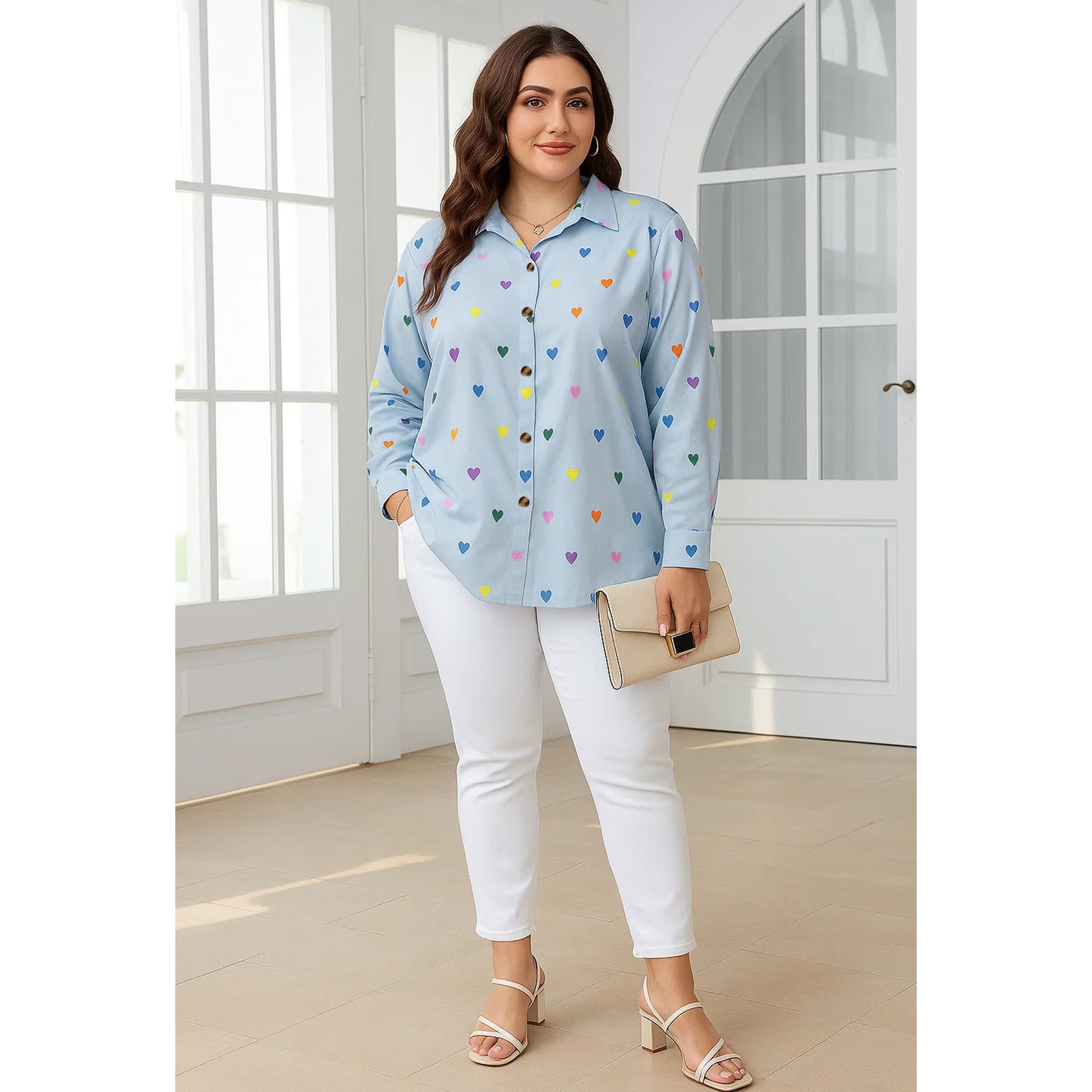 SOMER Plus Size Button Down Shirts for Women Blouses Short Sleeve V Neck Cute Heart Print Shirts Casual Summer Vacation Tops Loose Fit