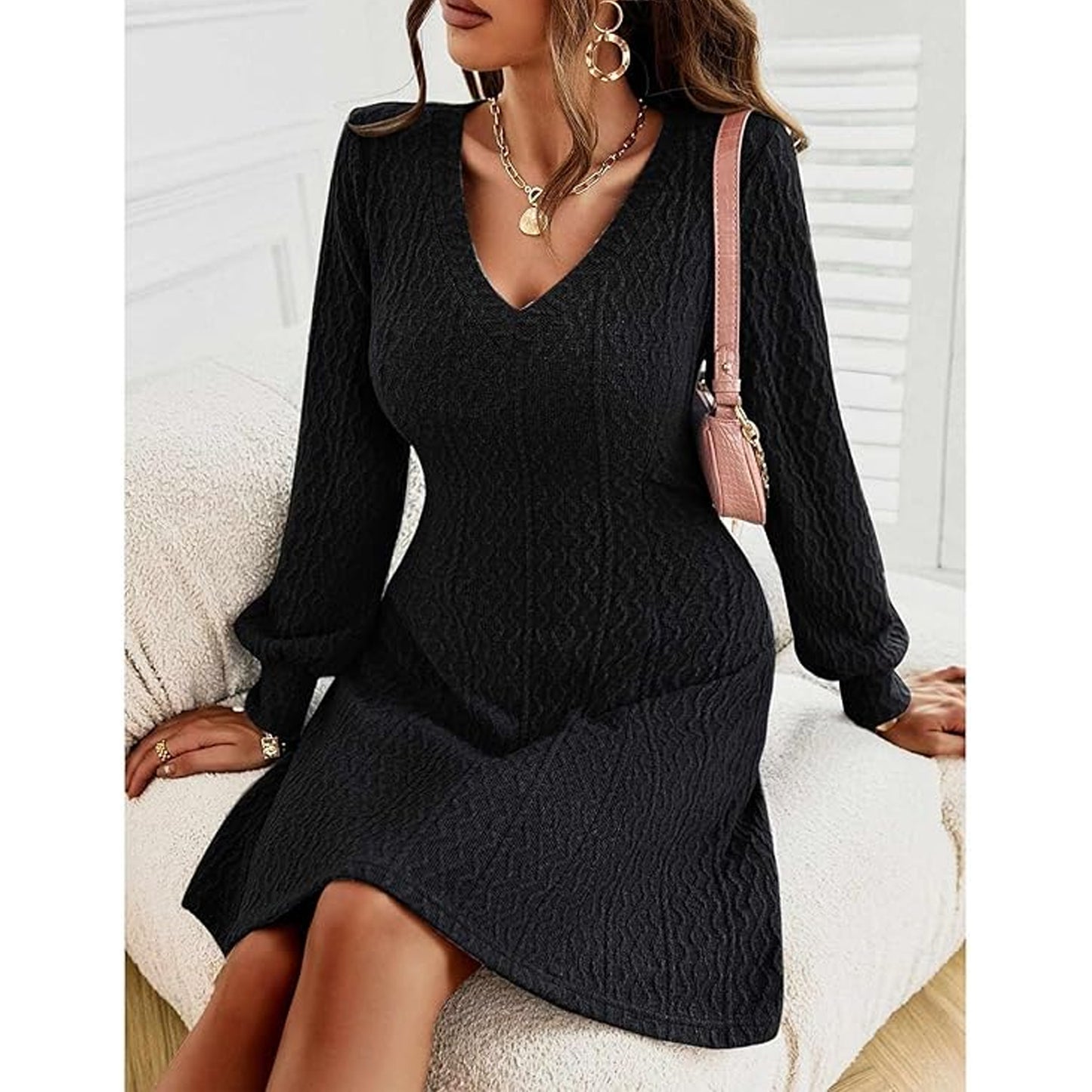 SOMER Womens Dress V-Neck Casual Dresses for Women Ripple Sweater Dress, Dresses for Women 2025 Elegant Classy Fall and Winter Long Sleeve Dress