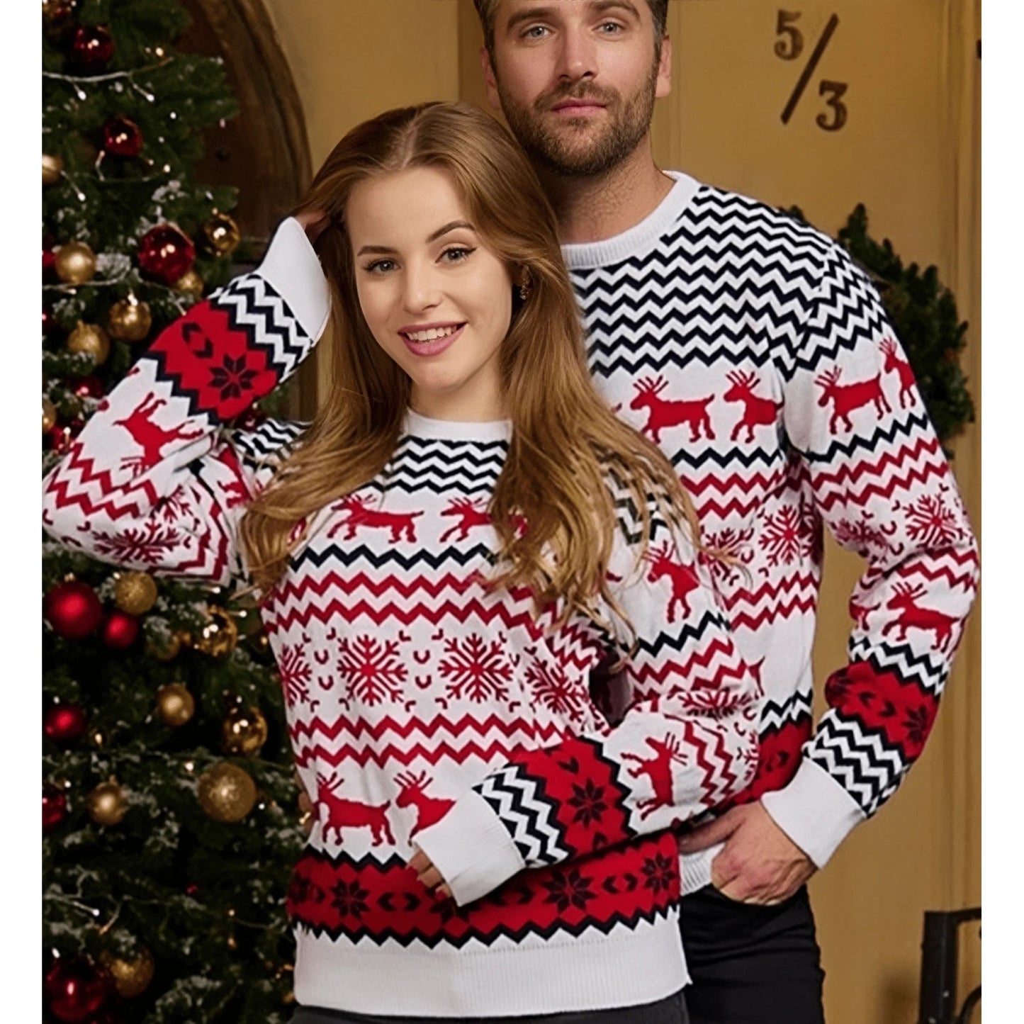 SOMER Women Christmas Sweater Family Couples Warm Thick Casual Knitted Pullover Top Xmas Elk Snowflake Reindeer Sweatshirt for Holiday Party New Year