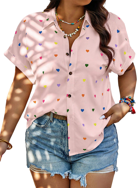 SOMER Woman Blouse Plus Size Short Sleeve Casual Tops Heart Print Button Down Shirts For Women
