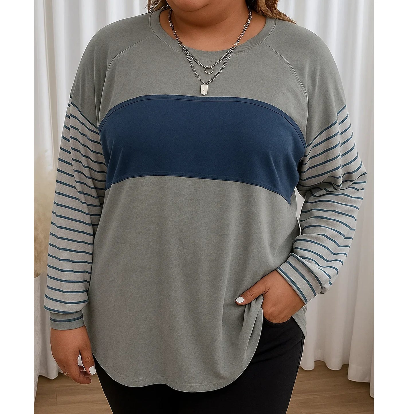 SOMER Women Blouses Plus Size Tops Long Sleeve Trendy Round Crew Neck Casual Color Block Womens Shirts Blouses