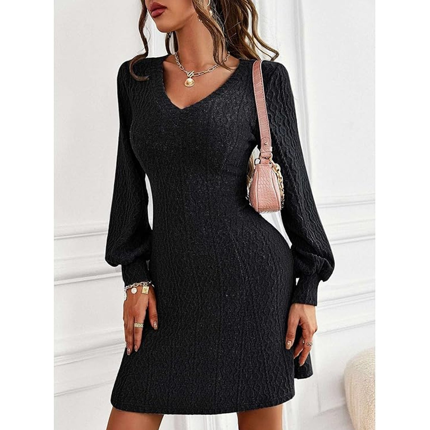 SOMER Womens Dress V-Neck Casual Dresses for Women Ripple Sweater Dress, Dresses for Women 2025 Elegant Classy Fall and Winter Long Sleeve Dress