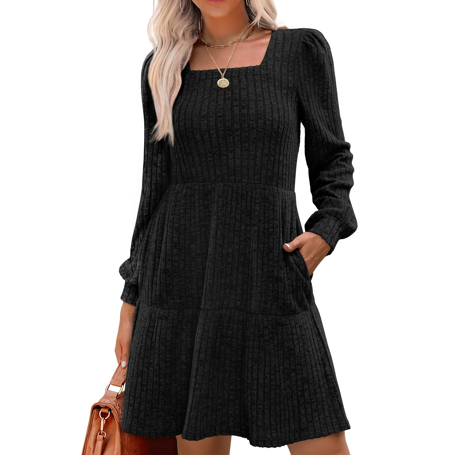 SOMER Womens Dresses Sweater Dress Long Sleeve Dress for Women Square Neck Knit Babydoll Dress with Pockets Winter Fall 2025
