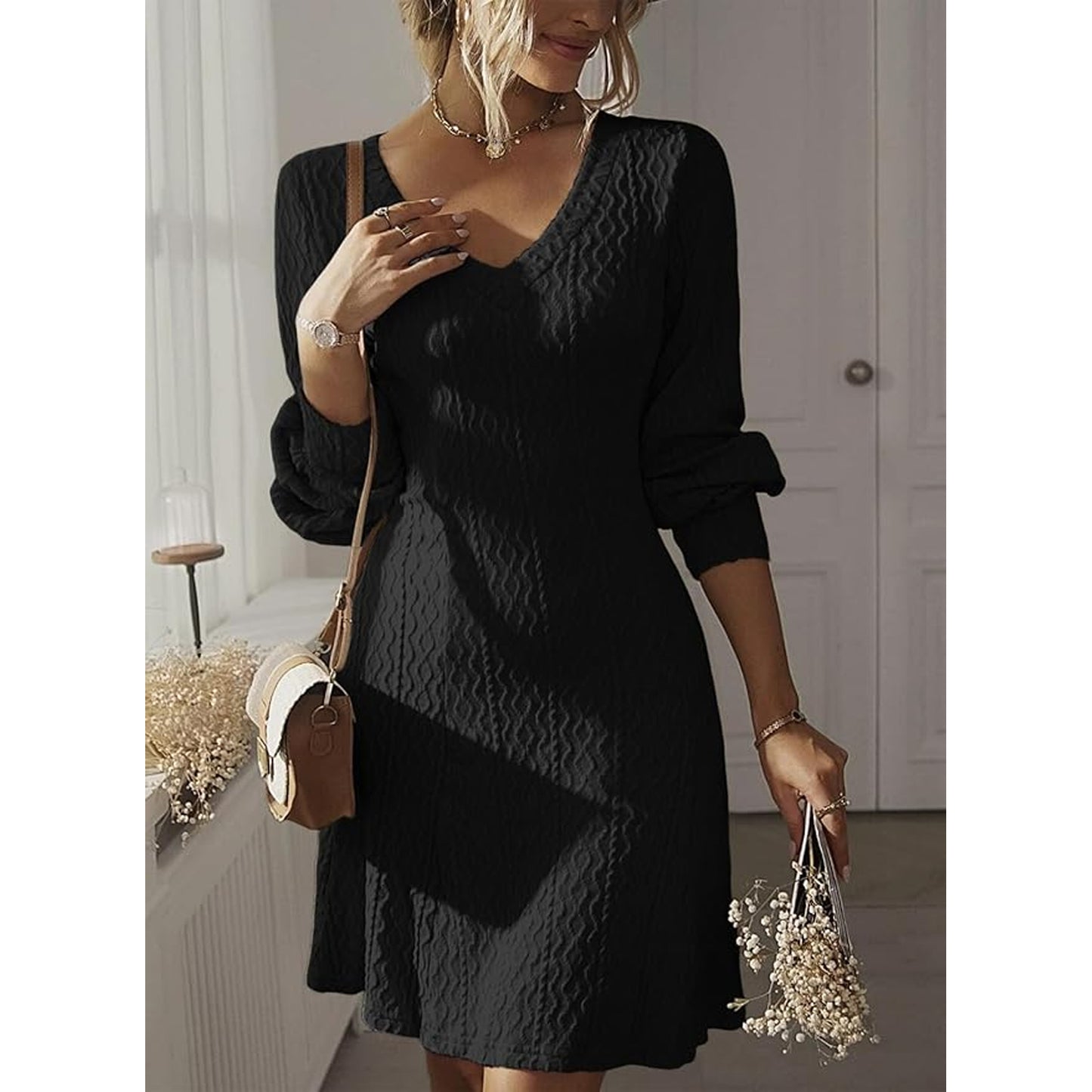 SOMER Womens Dress V-Neck Casual Dresses for Women Ripple Sweater Dress, Dresses for Women 2025 Elegant Classy Fall and Winter Long Sleeve Dress