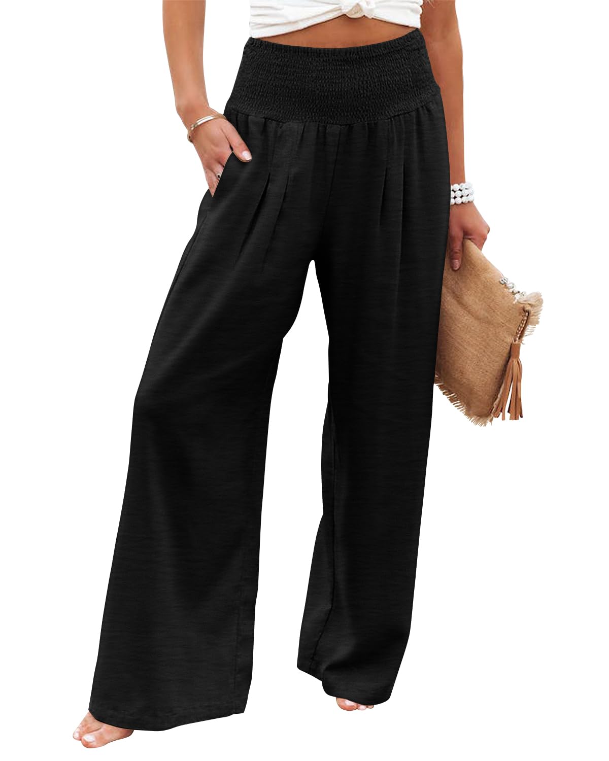 SOMER Womens Elastic High Waisted Palazzo Pants Casual Wide Leg Long Lounge Pant Trousers with Pocket
