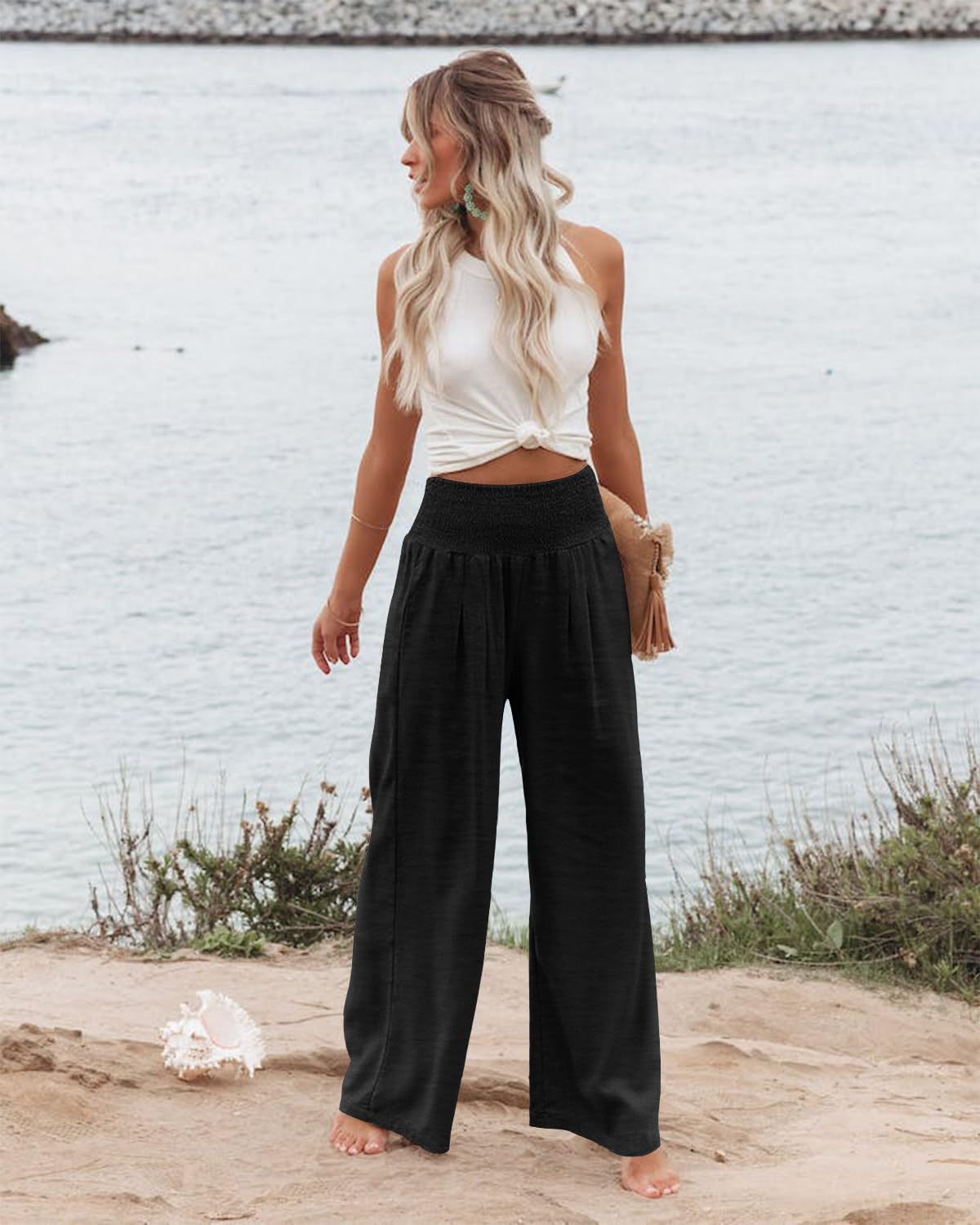 SOMER Womens Elastic High Waisted Palazzo Pants Casual Wide Leg Long Lounge Pant Trousers with Pocket